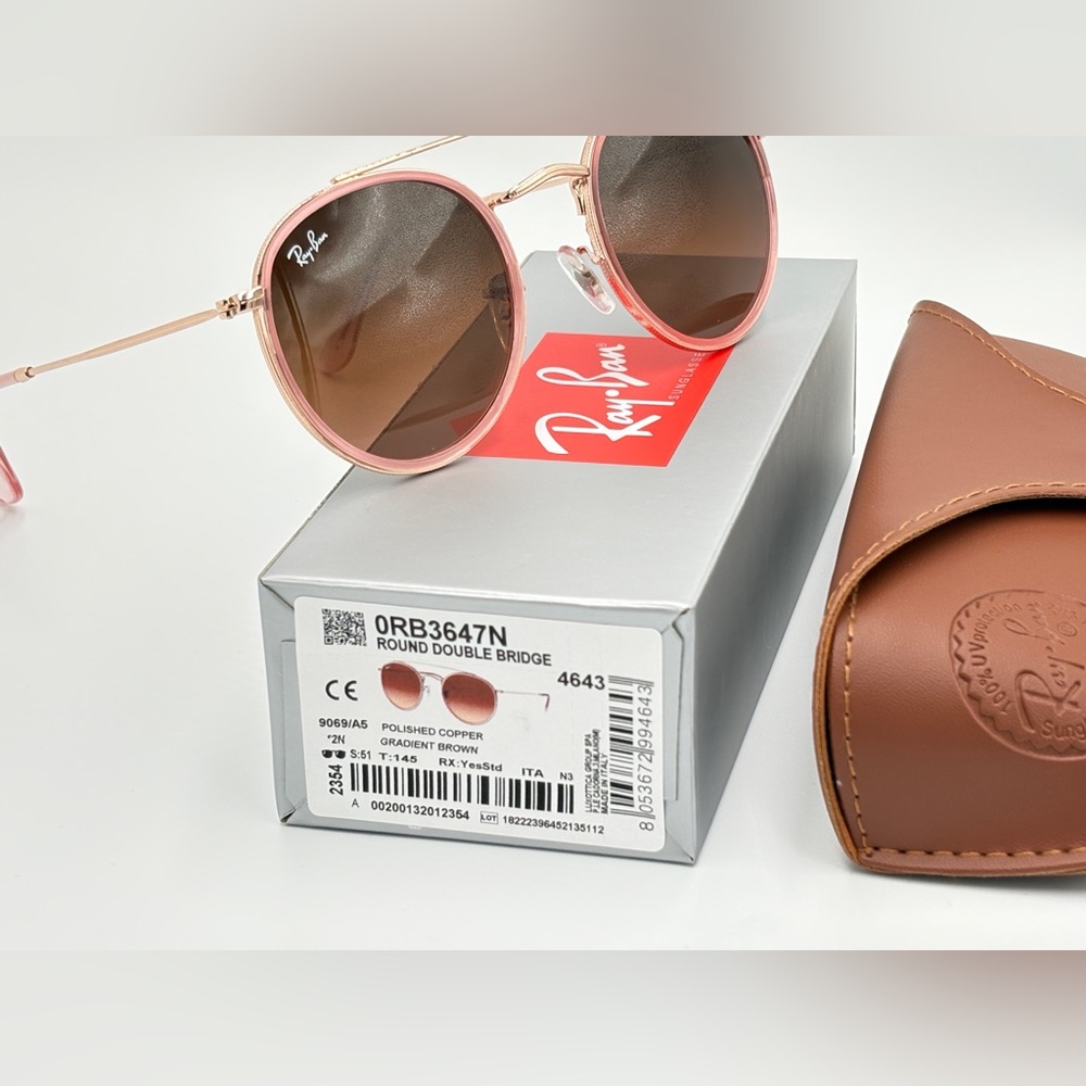 Ray-Ban RB3647n Sunglasses Round Double Bridge Polished Copper Brown Lens Round - Picture 4 of 11